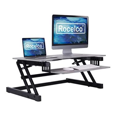 Imagem de Rocelco Conversor de mesa ajustável em altura de luxo de 95,24 cm – Suporte rápido de monitor duplo com suporte de mola a gás – Suporte de teclado grande retrátil – Cinza (R DADRG)