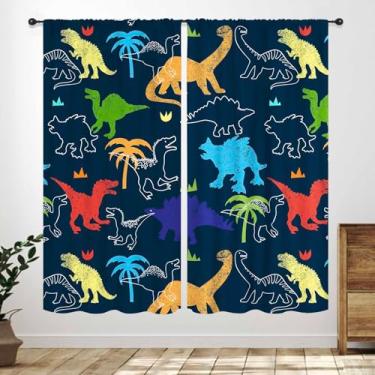Imagem de Cortinas de dinossauro para meninos, desenhos animados, colorido, safári, animal, azul-marinho, tratamentos para meninos, meninas, crianças, berçário, sala de estar, quarto, janela, 2 peças, 106 x 113