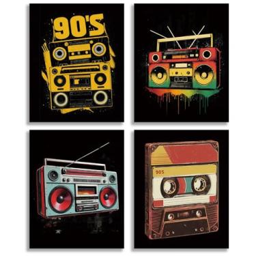 Imagem de TOCDGOO Arte de parede retrô dos anos 90, impressões de boombox e cassete, pôsteres em tela com tema de música vintage para decoração de bar quarto homem caverna, fundo preto, conjunto de 10 a 20 x 25