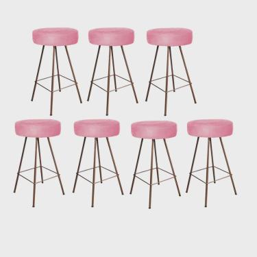 Imagem de Kit 07 Banqueta Alta Laisa Industrial Redonda Cozinha Bar Balcão Bistrô Ferro Bronze Suede Rose Gold - Ahz Móveis