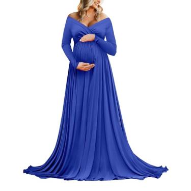 Imagem de Saslax Vestido de maternidade com ombros de fora, meio círculo, para chá de bebê, adereços fotográficos, N-azul 135, M