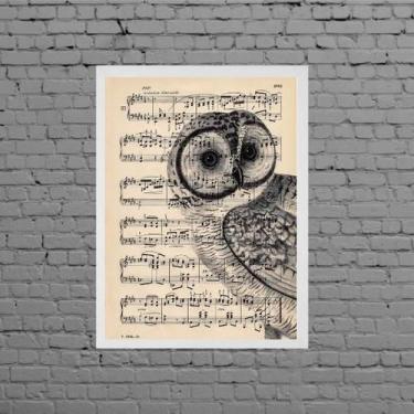Imagem de Quadro Coruja Com Partitura 45X34Cm Com Vidro Moldura Preta - Quadros 