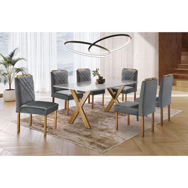 Imagem de Sala de Jantar com 6 Lugares Mesa Tampo de Vidro Móveis Mundial Mel/Off White/Cinza Profundo