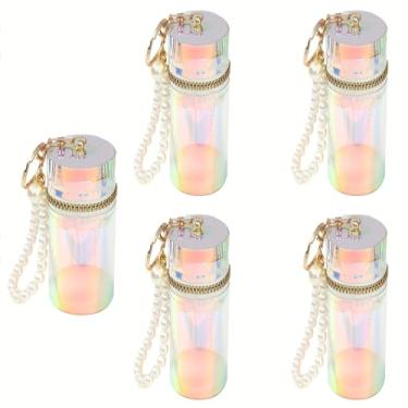 Imagem de PHAETON Bolsa de batom com cilindro a laser de cores mistas, 5 peças, com pérola, estilo balde de água, bolsa multifuncional portátil com chaveiro para fones de ouvido, porta-moedas, cachecol