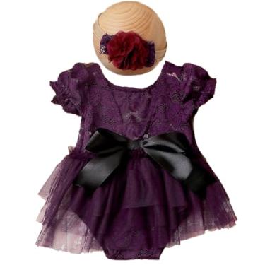 Imagem de CUTEBBPHOTO Roupas de fotografia para recém-nascidos, vestido tutu com foto de bebê para recém-nascidos, macacão para sessão de fotos, roupa de renda, Roxo 3, 0-3 Meses