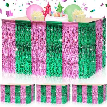 Imagem de Windkream Pacote com 3 saias de mesa com franjas onduladas para festa de bruxa e princesa, 76 x 272 cm, rosa, verde, ondulado, metálico, folha de estanho, para festa de bruxa