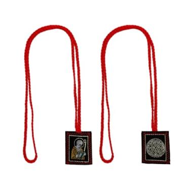 Imagem de Colar Escapulário Vermelho São Bento, Pacote com 2, Cordão Marrom, Escapulário Católico Pingente de Medalha de São Bento Espelho Retrovisor ou Pingente de Bênção da Casa, One Size, cordão, Sem Pedra