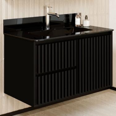 Imagem de Gabinete Ripado Vision 80cm Preto com Bancada de Vidro