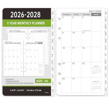 Imagem de Refil de agenda mensal 2026-2028 - inserções para planejador com 6 furos, 9,5 cm x 16 cm, janeiro de 2026 a dezembro de 2028, duas páginas por mês, calendário mensal 2026-2028 com abas