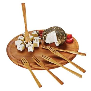 Imagem de Petisqueira Redonda em Bambu com 6 Garfos Tábua para Petisco Frios - W