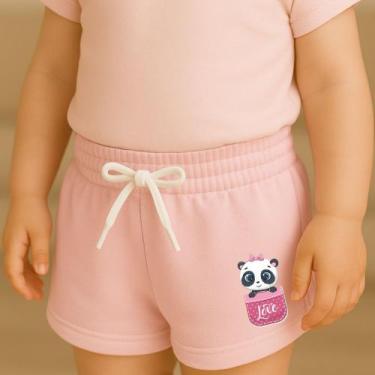 Imagem de Short Moletinho Infantil Feminino Estampado Panda no Bolsinho Fofo Mod