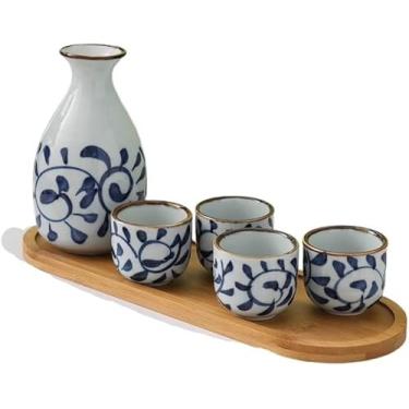 Imagem de Conjunto tradicional de saquê, conjunto de saquê de cerâmica tradicional japonesa, 5 peças, garrafa de saquê de cerâmica e 4 xícaras,
