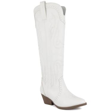 Imagem de Sugar Botas femininas caubói ocidentais – Botas de cano médio com detalhe de costura/design perfurado – bico fino, salto bloco, ajuste sem fecho, Alto-branco tombado, 38