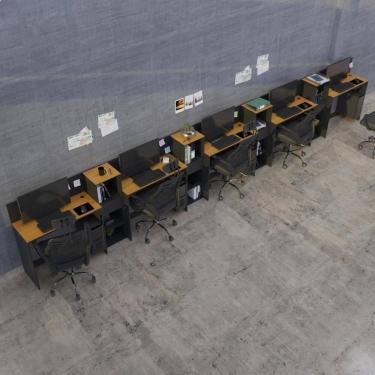 Imagem de Conjunto De Escritório Tech 4 Livreiro E 5 Mesas 90cm - Vian - Preto E Cedro Preto E Cedro