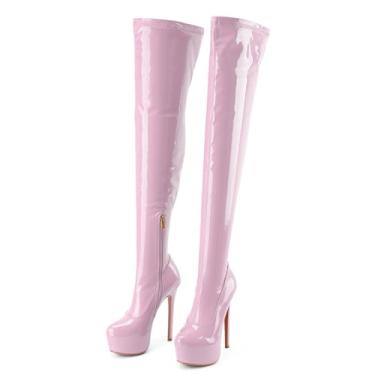 Imagem de Botas femininas até a coxa, acima do joelho, modernas, sexy, plataforma, salto alto, salto alto, patente, bico redondo, zíper, unissex, para festas, cosplay, botas altas, Rosa claro, 40
