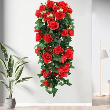 Imagem de 95 cm Flores de rosa artificiais, videira, 19 cabeças, planta falsa, vime, interior, exterior, parede, jardim, decoração de festa de casamento (vermelho)