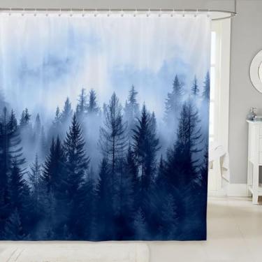 Imagem de jejeloiu Cortina de chuveiro de montanha para decoração de banheiro, cortina de banho de montanha nebulosa para barracas, banheiras, acessórios de banheiro azul, tecido de poliéster à prova d'água com