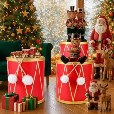 Imagem de Eaasty 3 peças de caixa de tambor de Natal para decoração clássica de quebra-nozes com baquetas vermelhas e douradas, caixa de papel 33,38 cm 32,59 cm 21,46 cm para festa de Natal