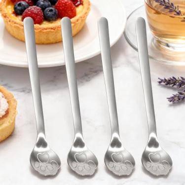 Imagem de Colher de chá de aço inoxidável 304 Colheres de café de pata de gato fofas colheres de café cozinha restaurante sobremesa sorvete, 15 x 3 cm (prata, 4 peças)