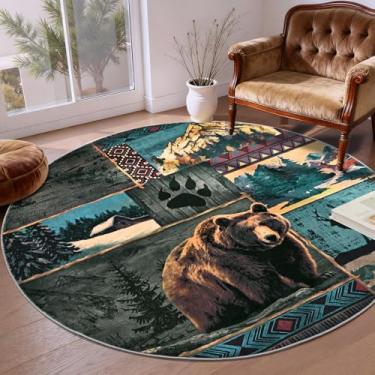 Imagem de ASPMIZ Tapete redondo rústico de 1,2 m, tapete de área de alce de urso de cabana para sala de estar, tapete lavável do sudoeste, antiderrapante, tapetes circulares de lã sintética macia para quarto