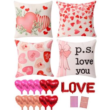 Imagem de Multiwins Conjunto de 4 capas de almofada dupla face para o Dia dos Namorados 50,8 cm x 50,8 cm, reversíveis 8 designs, com 16 peças de balões de coração e amor, adesivos, kit completo de decoração de