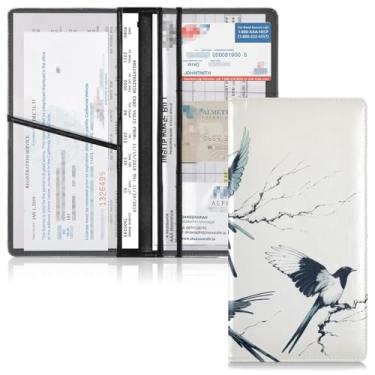 Imagem de Qilmy Five Magpies Suporte de registro e seguro de carro de couro PU para documentos de veículo organizador de porta-luvas com compartimentos de cartão de PVC transparente para cartões de