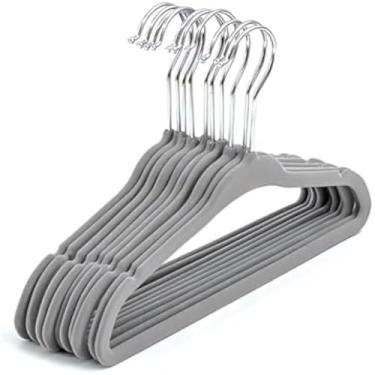 Imagem de Cabides para roupas, fino toque, sem marcas, veludo cinza, resistente, design fino, para guarda-roupas, elegantes, 10 unidades, refinados