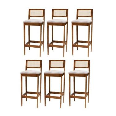 Imagem de Kit 6 Banqueta Alta de Madeira com Assento Estofado e Encosto em Palhi