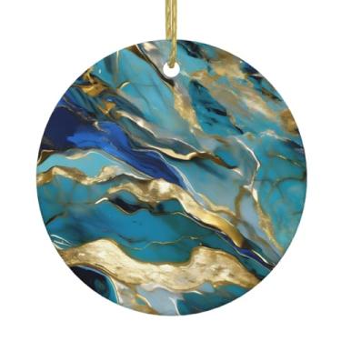 Imagem de Azurite azul-petróleo e folha dourada com padrão de mármore estampado de cerâmica de Natal pendurado redondo, pingentes de porcelana, decoração criativa de Natal