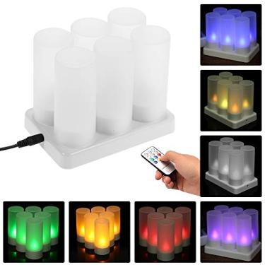 Imagem de Conjunto de 6 Velas Tealight Sem Chama com LED Recarregáveis que Mudam Cor e Pisca Controle Remoto Copo Esfumaçado Base Carregamento para Festas Feria