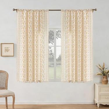 Imagem de Cortinas florais 153 cm de comprimento com estampa de videira amarela dourada 2 painéis, bordado de flores, sala de estar, quarto, boho, tratamentos de linho, cozinha, quinta, decoração de jantar