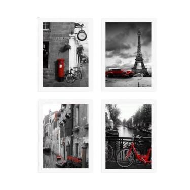 Imagem de Kit 4 Quadros Fotografias Vermelhas 33X24Cm Com Vidro Branca