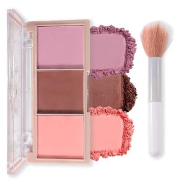Imagem de HHLTOH 3 cores paleta de blush fosco para o rosto - Blush facial montável contorno de bochecha bronzeador pó prensado palete de maquiagem conjunto de presente feminino (paleta de contorno de blush de