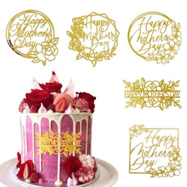 Imagem de 10 peças de topo de bolo feliz dia das mães dourado acrílico lateral decoração de bolo para mãe festa de aniversário DIY acessórios de sobremesa suprimentos