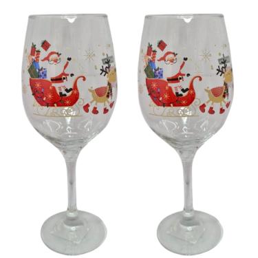 Imagem de Kit 2 Taças de Vidro Vinho 490 ml de Natal Presente Trenó