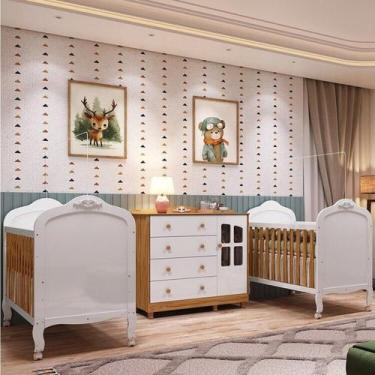 Imagem de Quarto de Bebê Gêmeos 2 Berços e Cômoda Janelada 100% MDF Maya Clássic