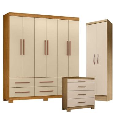 Imagem de Guarda Roupa Casal New Kansas com Cômoda 4 Gavetas New e Multiuso New Egito Carvalho Am...