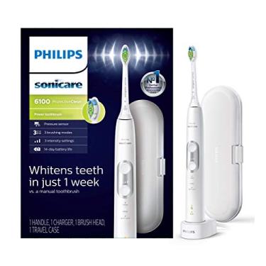 Imagem de PHILIPS Sonicare Escova de dentes elétrica recarregável ProtectiveClean 6100, com sensor de pressão, 3 modos de limpeza, SmarTimer e QuadPacer, vida útil da bateria de 14 dias, estojo de viagem,