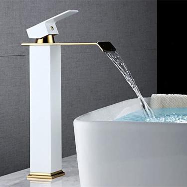 Imagem de Torneira da bacia da cachoeira montada no deck torneira da pia do banheiro preto ouro ouro frio e quente torneira misturador vaso vaidade torneiras de latão, branco longo