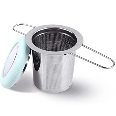 Imagem de Infusor de chá Fenshine de aço inoxidável, filtro de chá com alça dobrável, filtro de chá, filtro de malha extrafina, cesta de preparação com tampa para chá de folhas soltas (azul claro)