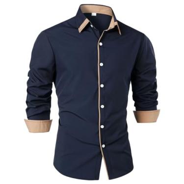 Imagem de Camisetas masculinas de manga comprida para outono verão gola alta xadrez camisetas masculinas 2024 na moda, W-467 azul-marinho, P