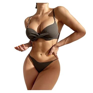 Imagem de Hot Bikinis Conjuntos de biquíni feminino plus size tanga biquíni cintura alta controle de barriga roupa de praia slings lindo biquíni, Marrom, P