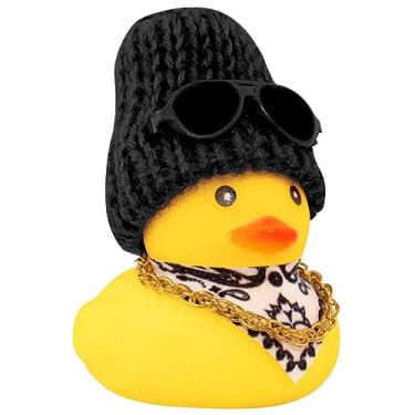Imagem de wonuu Pato de borracha de carro, painel de decoração de pato amarelo com colar de chapéu de sol para decoração de painel de carro, B-Duck-Black Knit Hat-Scarf