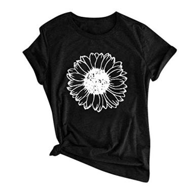 Imagem de Duobla Camisetas femininas de verão 2024 com estampa de girassol, casual, de manga curta, com estampa de flores, roupas modernas, A-1 - preto, P