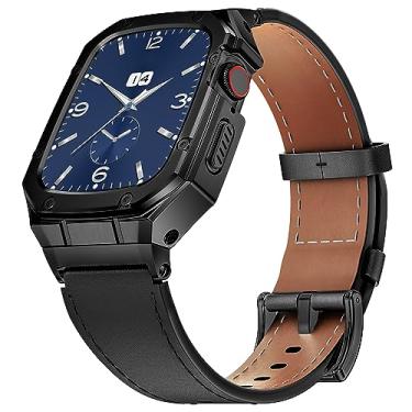 Imagem de HASLFM Capa de aço inoxidável e pulseira de couro compatível com Apple Watch 46 mm para homens, pulseira de couro genuíno para Apple Watch Series 10, marrom/prata