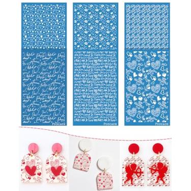 Imagem de Puocaon Estêncil de silkscreen de argila para dia dos namorados – 6 peças elegantes estênceis de tela de confissão de escrita à mão para brincos de argila de polímero, estênceis reutilizáveis de tela