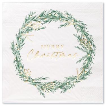 Imagem de WRAPAHOLIC 25 guardanapos de papel de Natal - 2 camadas de folha dourada guirlanda de feliz Natal guardanapo de almoço descartável para artigos de festa de Natal utensílios de mesa, férias de Natal -