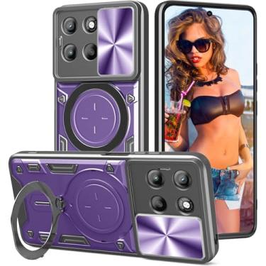 Imagem de Ephoou Capa protetora para Motorola Moto G15 5G de 6,7 polegadas com suporte de anel magnético, capa resistente à prova de choque de grau militar com capa de lente de câmera deslizante para Motorola