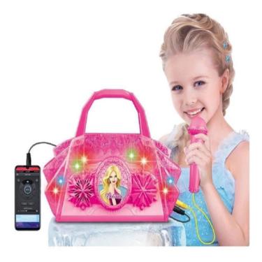 Imagem de Bolsa infantil microfone som E luzes coloridas conecta celular MP3 rosa menina rock show