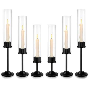 Imagem de Conjunto de 3 castiçais Hurricane, castiçais cônicos de metal com sombra de vela de vidro, suporte de vela moderno Hurricane, adequado para mesa de jantar, sala de estar, lareira (preto, conjunto de